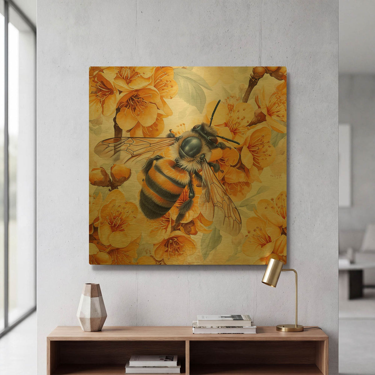 'Bee With Yellow Flowers' By Momart Gold Metal Wall Art