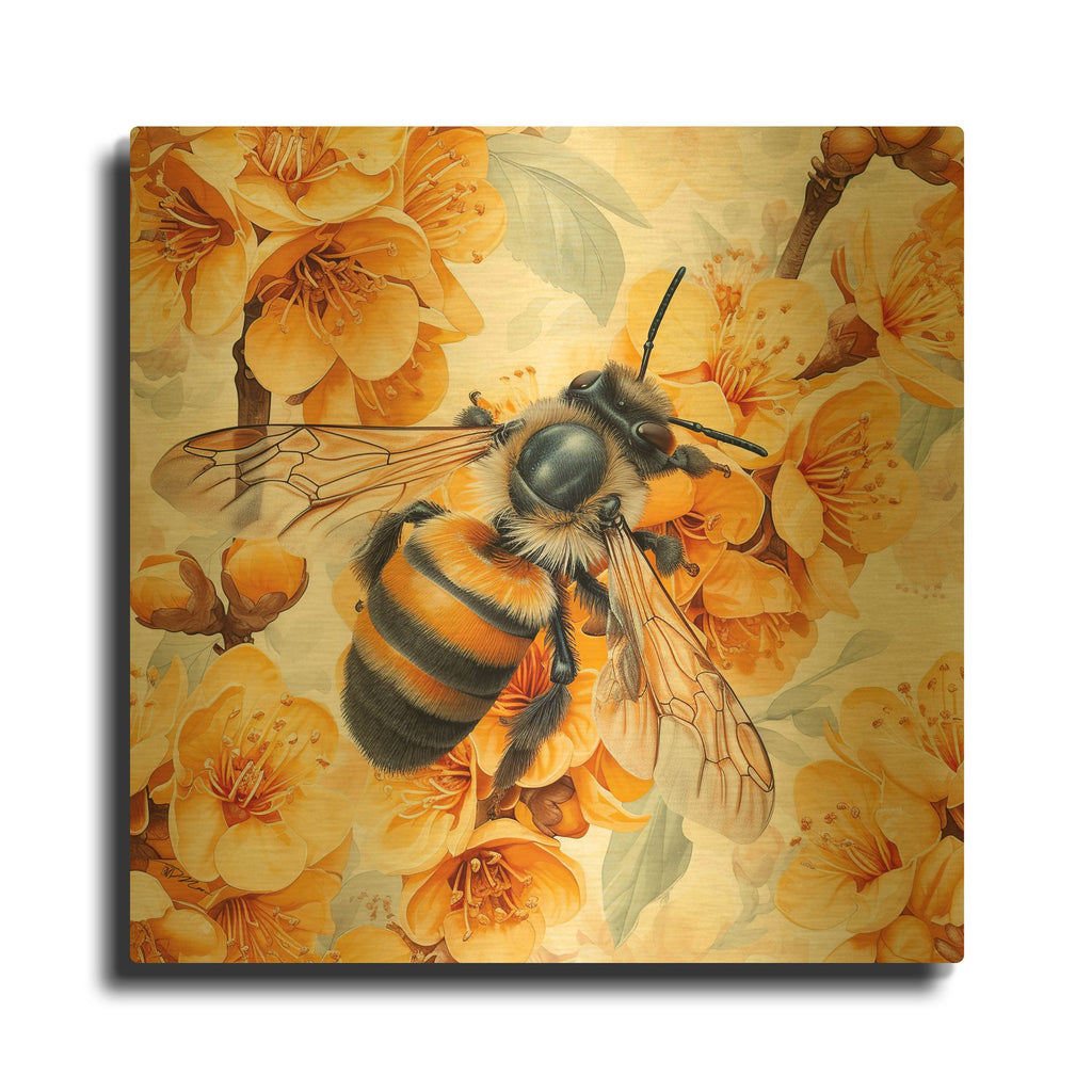 'Bee With Yellow Flowers' By Momart Gold Metal Wall Art