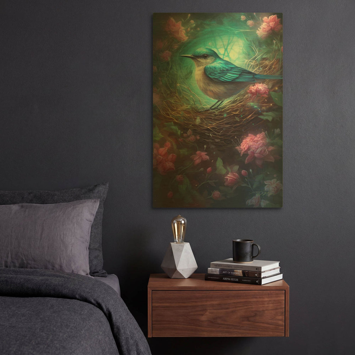 'Bird In Nest With Dream Flowers 5' By Momart Gold Metal Wall Art