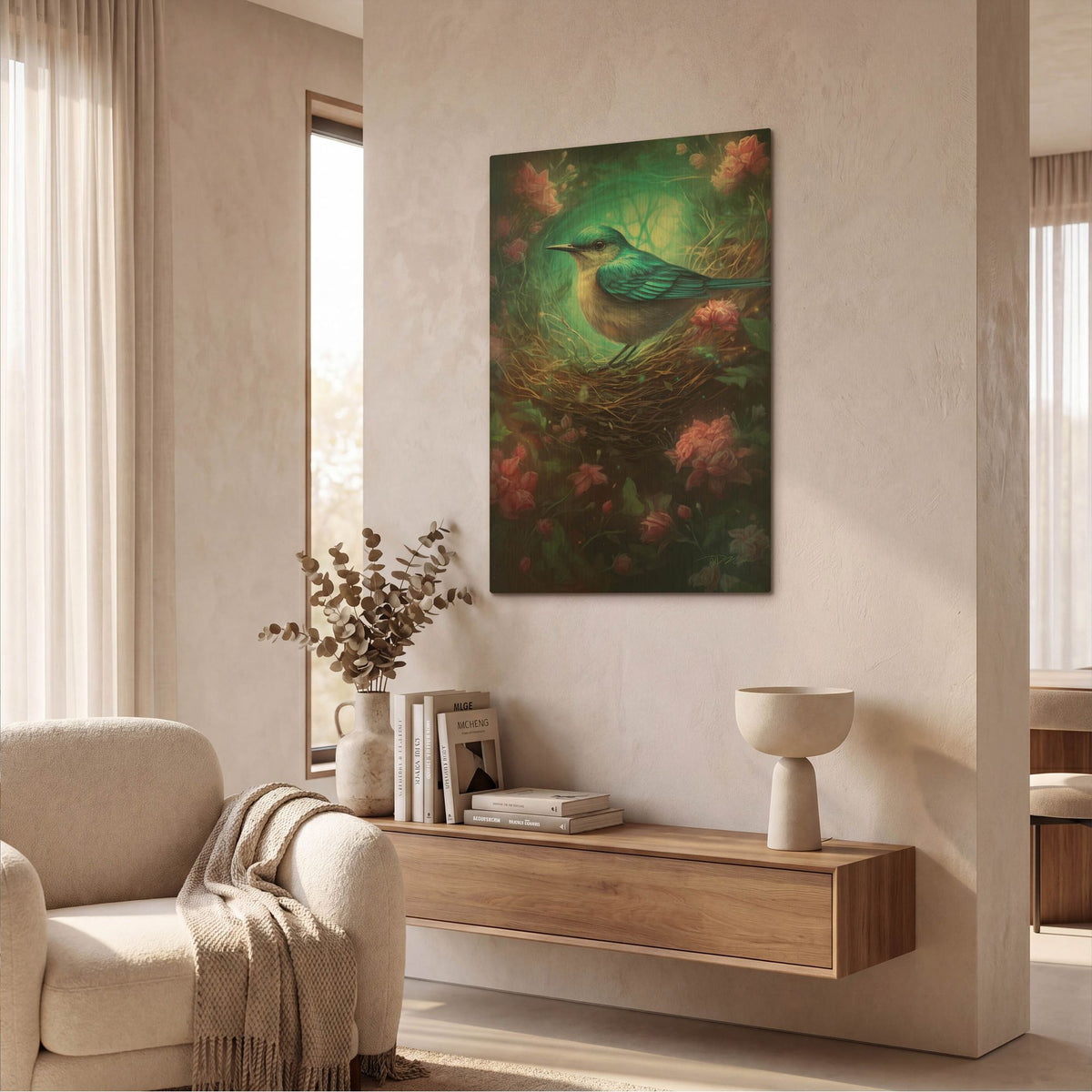 'Bird In Nest With Dream Flowers 5' By Momart Gold Metal Wall Art