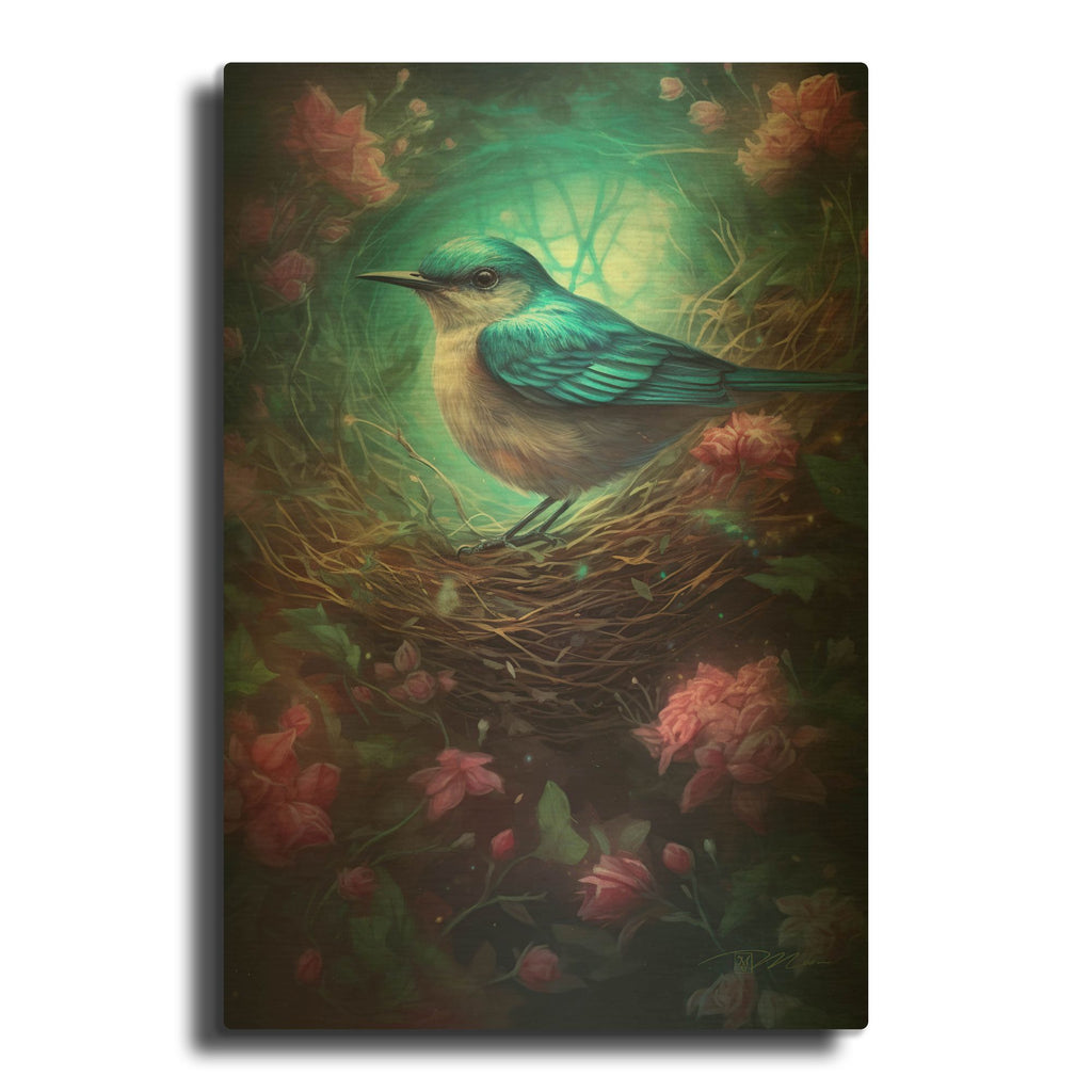 'Bird In Nest With Dream Flowers 5' By Momart Gold Metal Wall Art