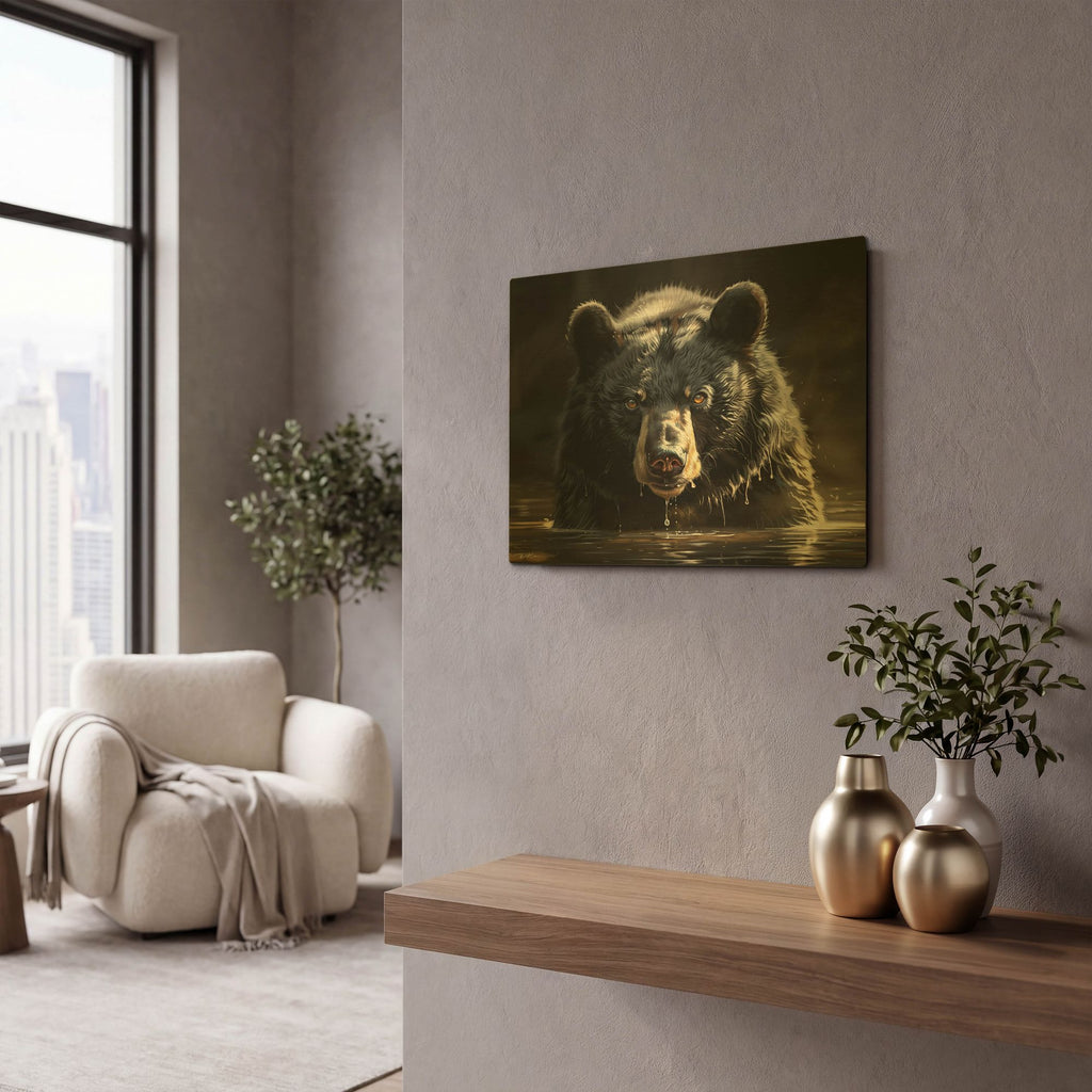'Black Bear In Water' By Momart Gold Metal Wall Art