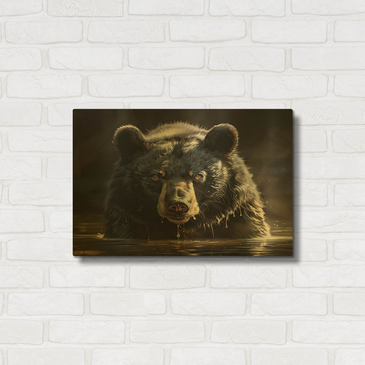 'Black Bear In Water' By Momart Gold Metal Wall Art