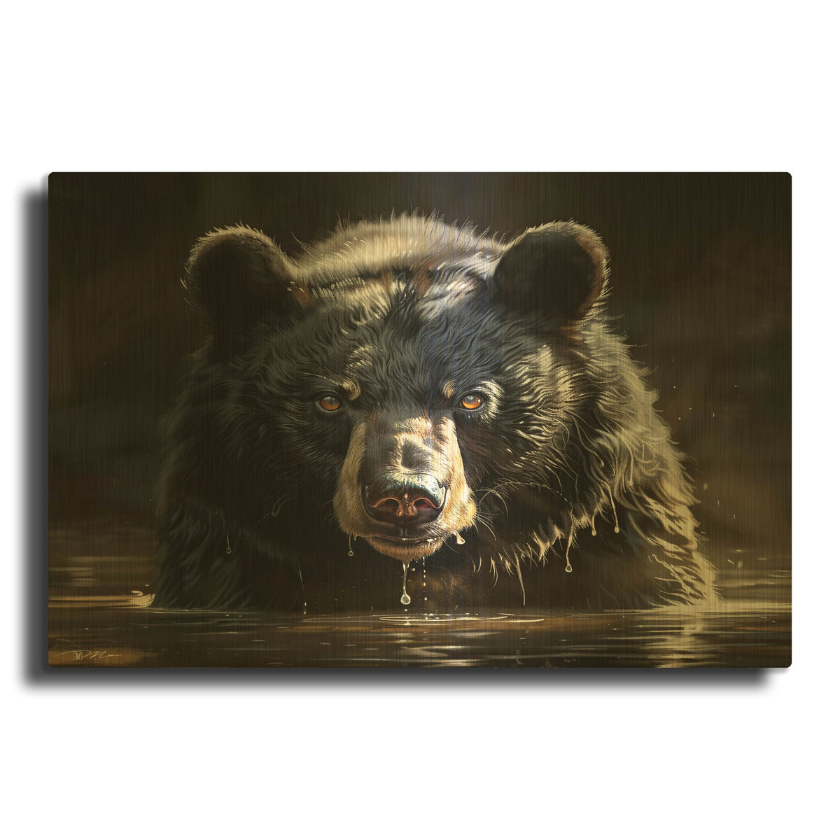 'Black Bear In Water' By Momart Gold Metal Wall Art