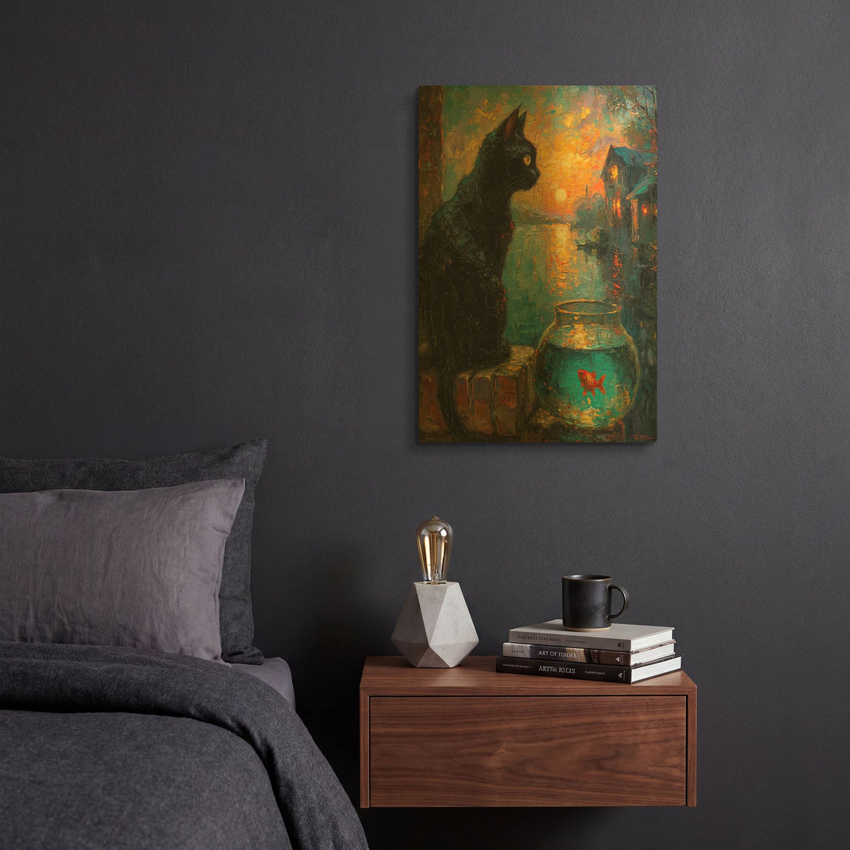 'Black Cat And Goldfish 1' By Momart Gold Metal Wall Art