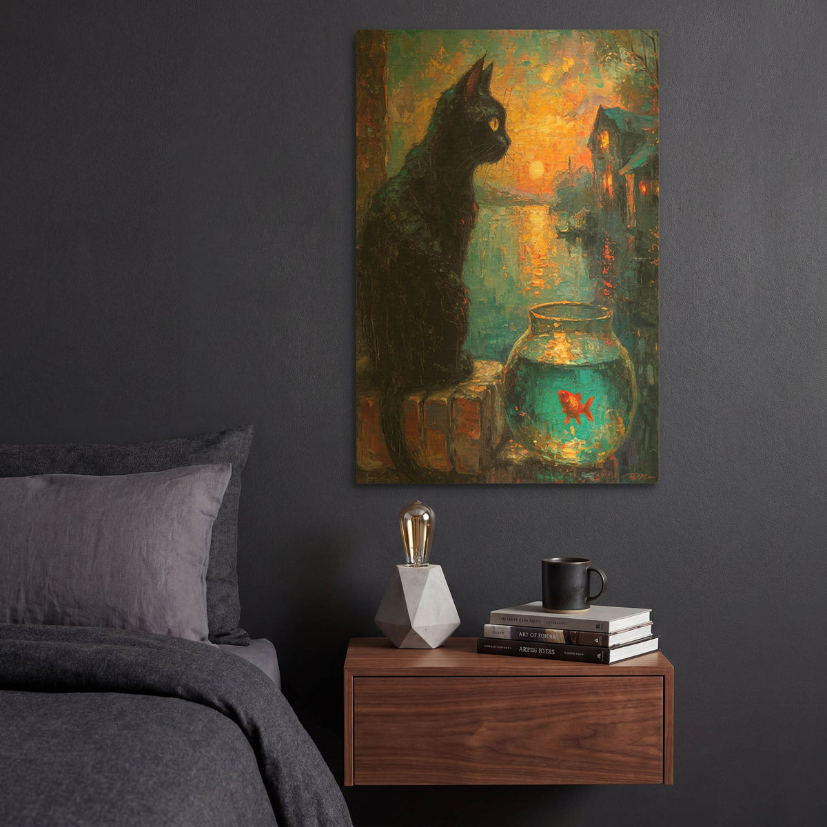 'Black Cat And Goldfish 1' By Momart Gold Metal Wall Art