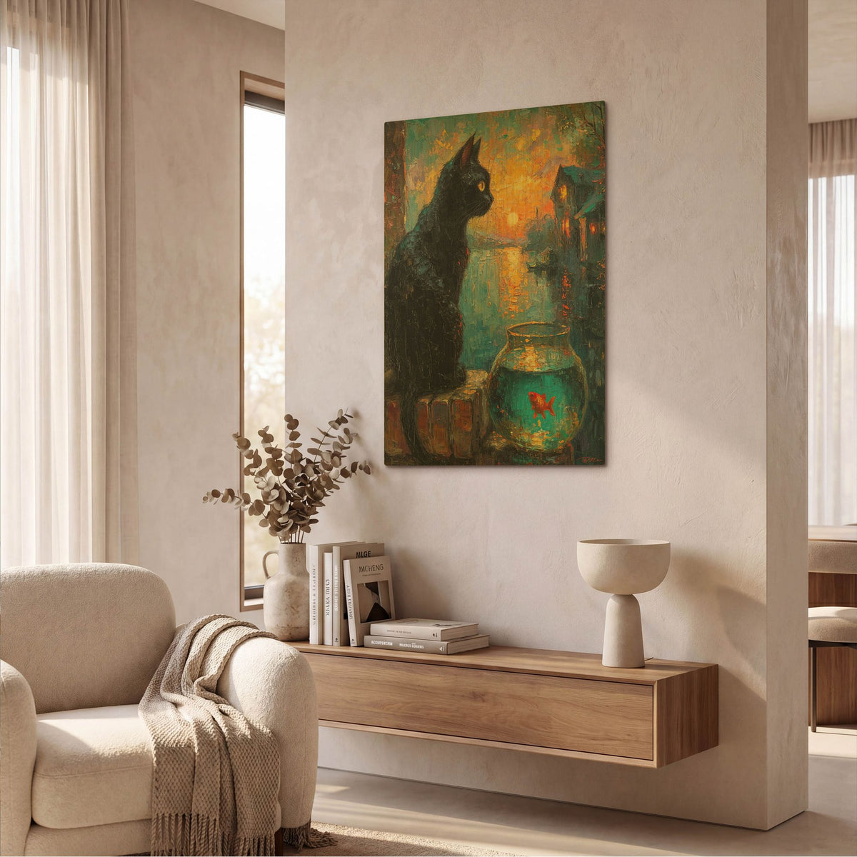 'Black Cat And Goldfish 1' By Momart Gold Metal Wall Art