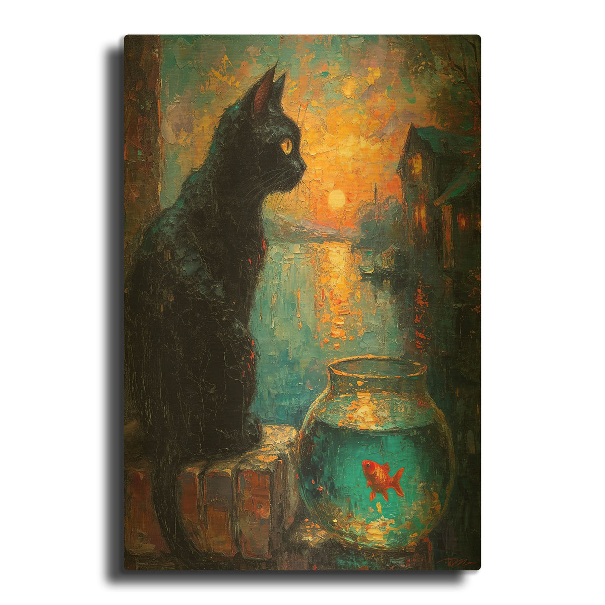 'Black Cat And Goldfish 1' By Momart Gold Metal Wall Art