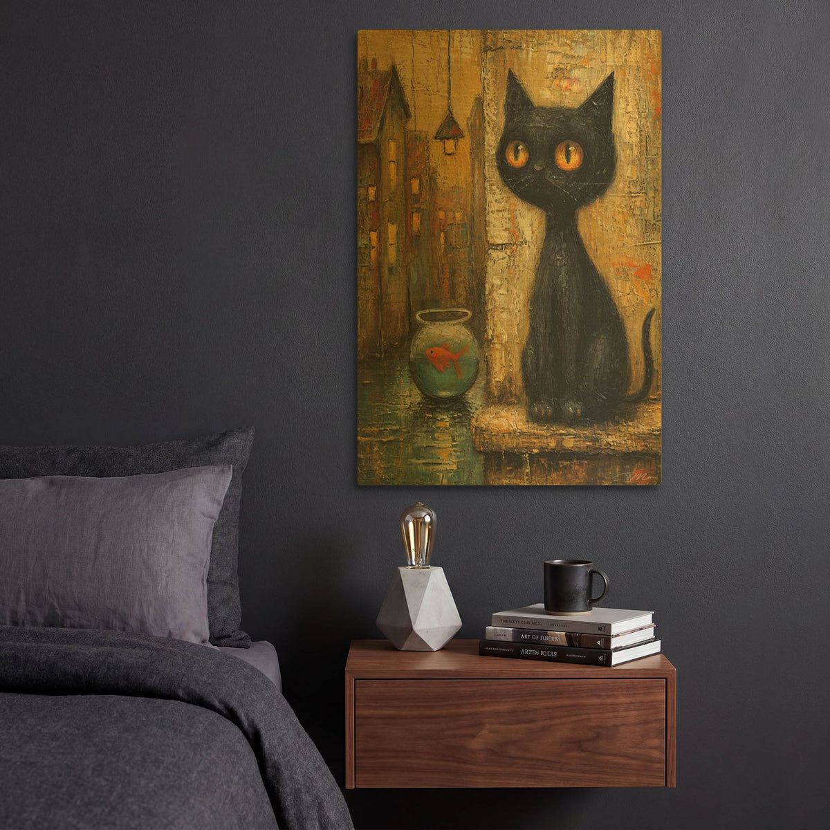 'Black Cat And Goldfish 2' By Momart Gold Metal Wall Art