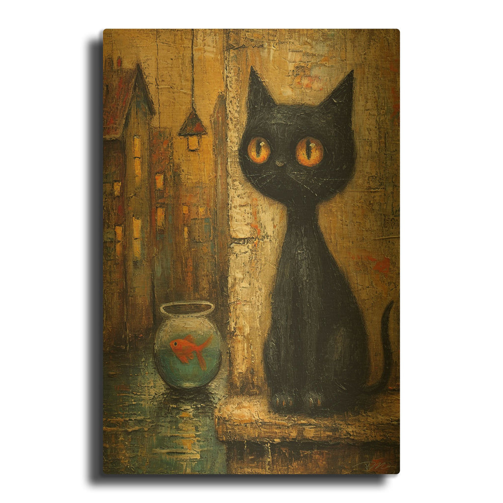 'Black Cat And Goldfish 2' By Momart Gold Metal Wall Art