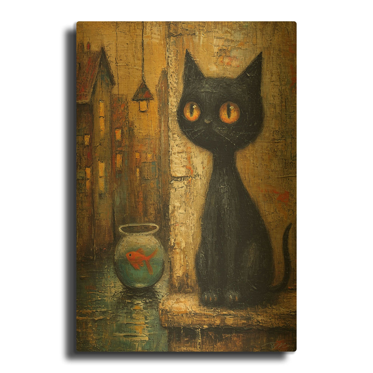 'Black Cat And Goldfish 2' By Momart Gold Metal Wall Art