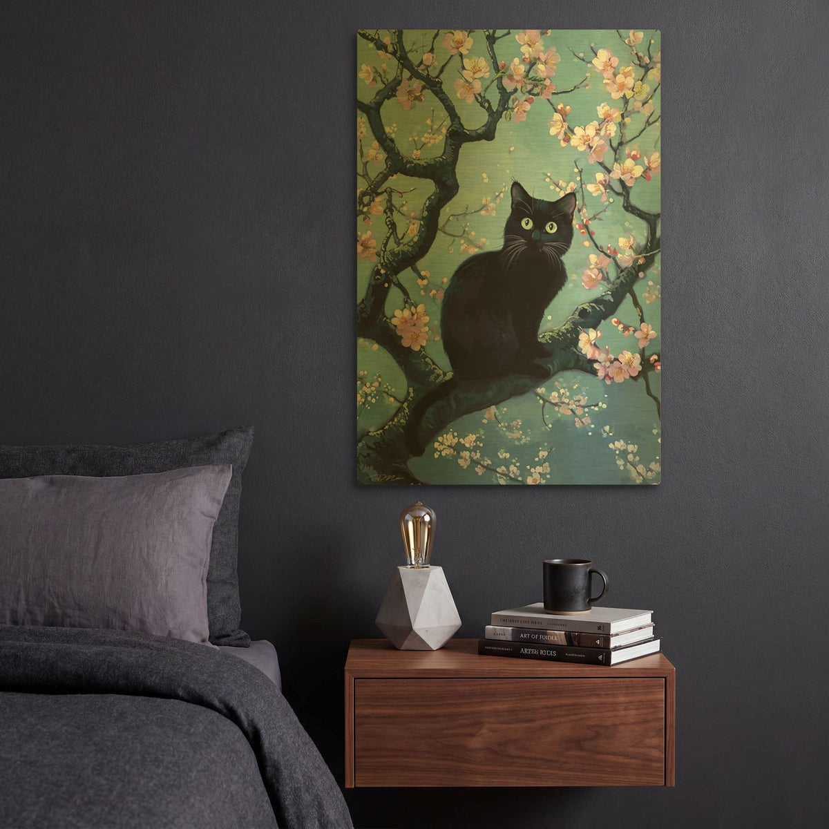 'Black Cat On Peach' By Momart Gold Metal Wall Art