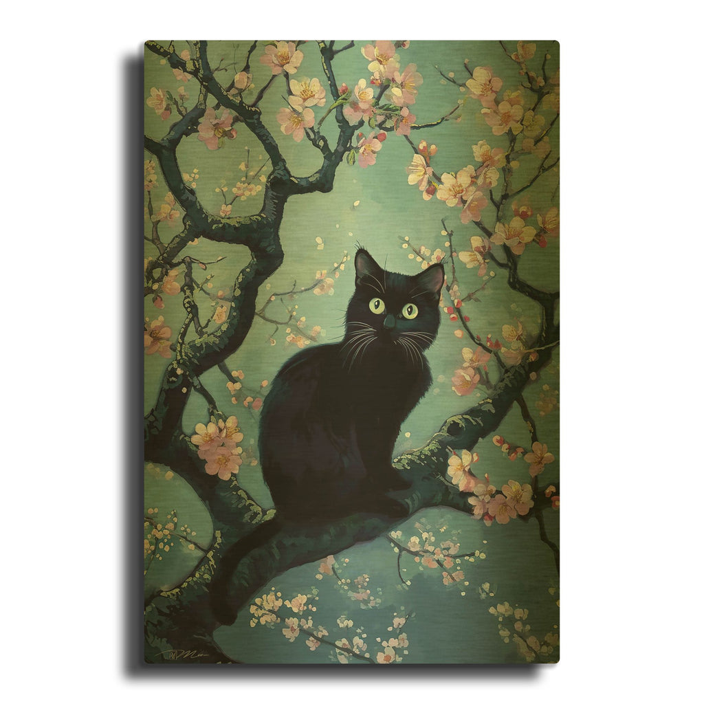 'Black Cat On Peach' By Momart Gold Metal Wall Art
