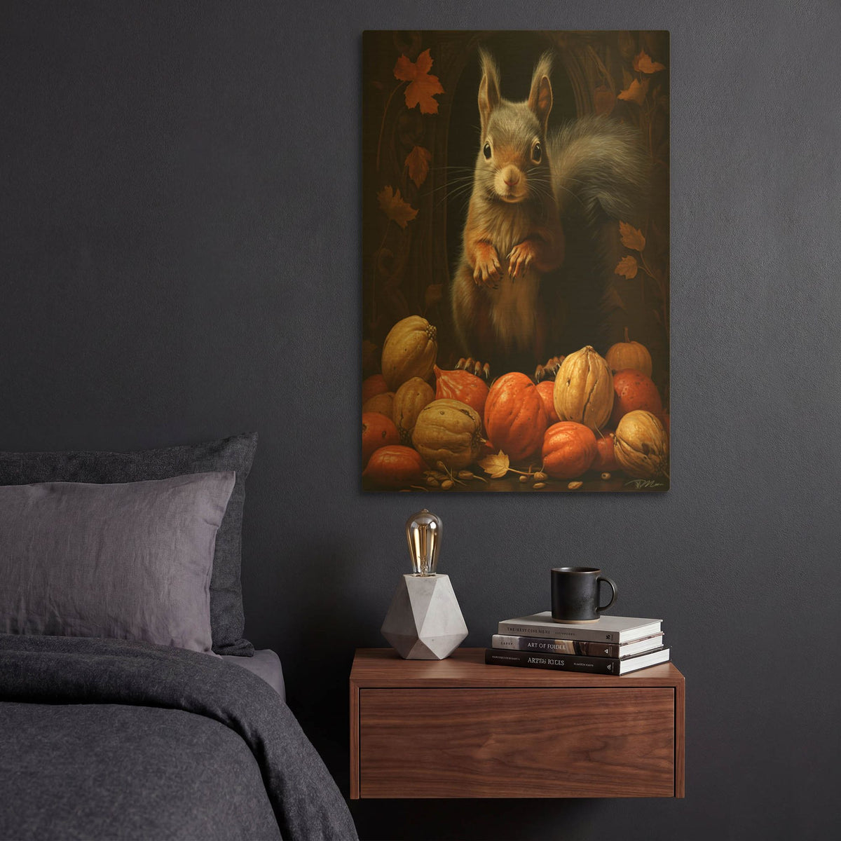 'Black Squirrel With Nuts' By Momart Gold Metal Wall Art