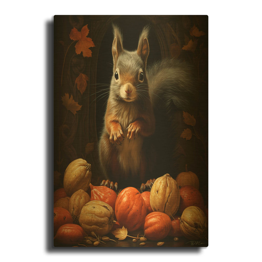 'Black Squirrel With Nuts' By Momart Gold Metal Wall Art