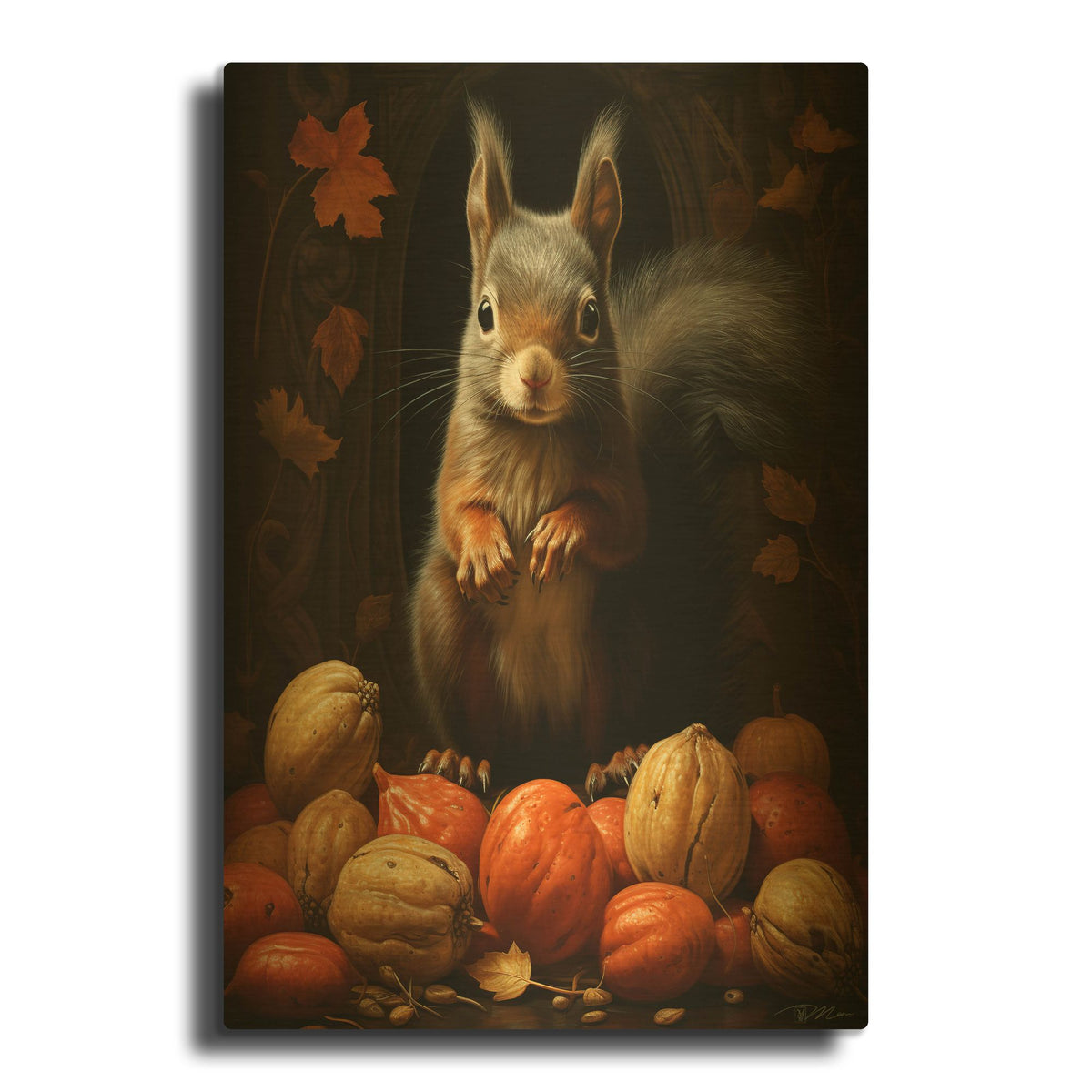 'Black Squirrel With Nuts' By Momart Gold Metal Wall Art