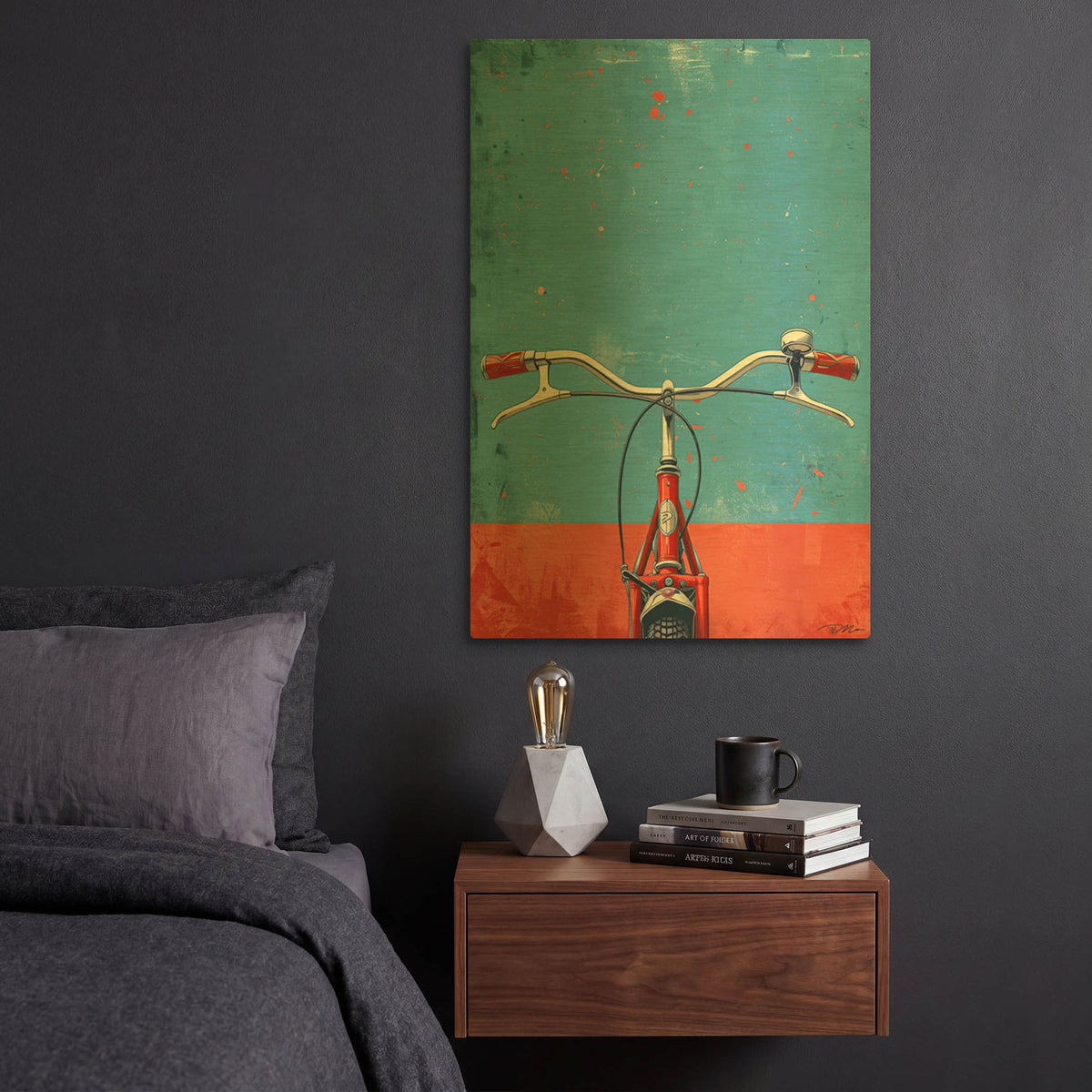 'Blue And Red Bicycle' By Momart Gold Metal Wall Art