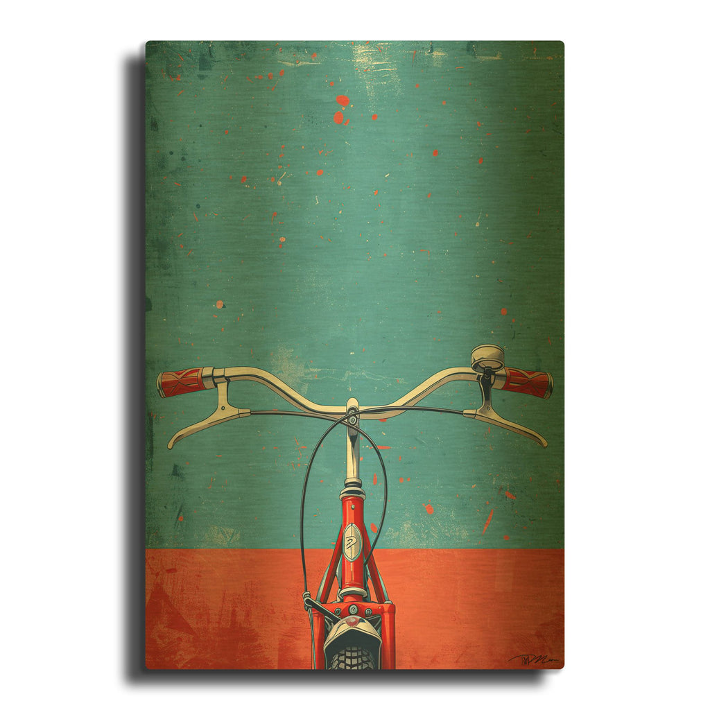 'Blue And Red Bicycle' By Momart Gold Metal Wall Art