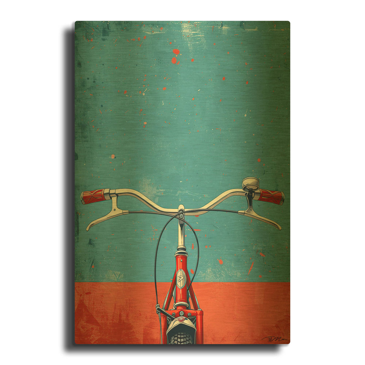 'Blue And Red Bicycle' By Momart Gold Metal Wall Art