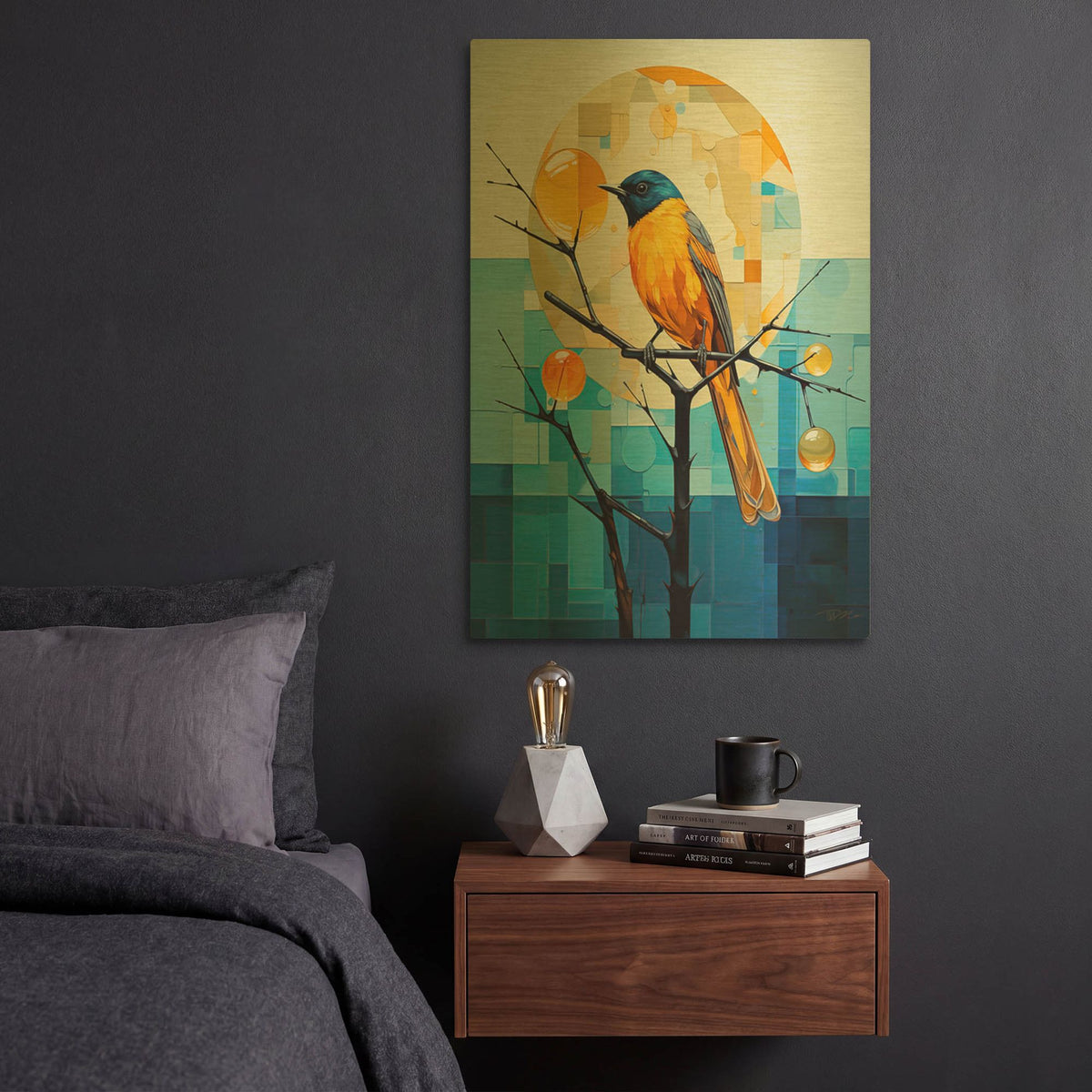 'Blue And Yellow Bird' By Momart Gold Metal Wall Art