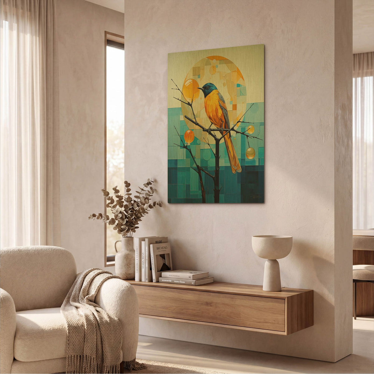 'Blue And Yellow Bird' By Momart Gold Metal Wall Art
