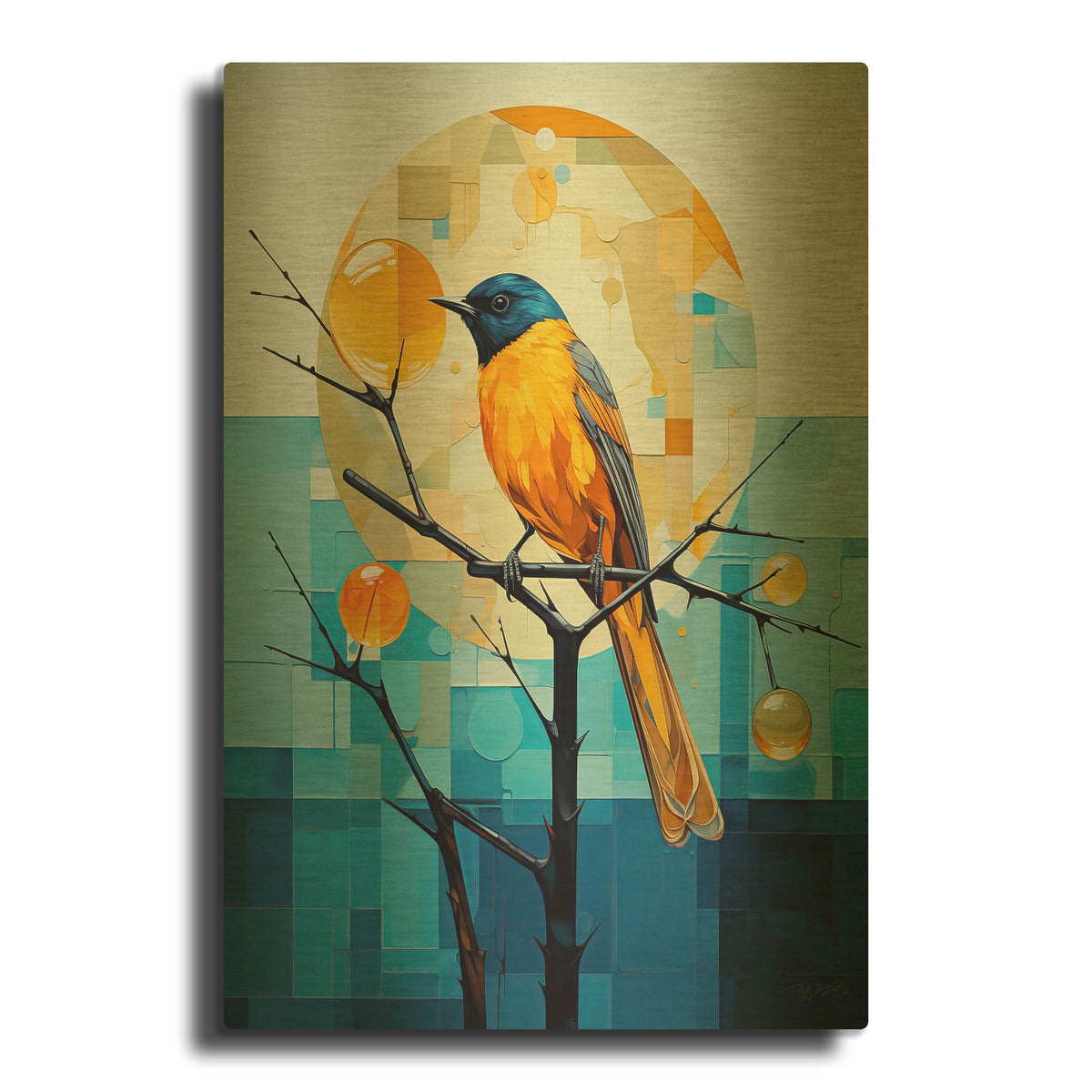'Blue And Yellow Bird' By Momart Gold Metal Wall Art