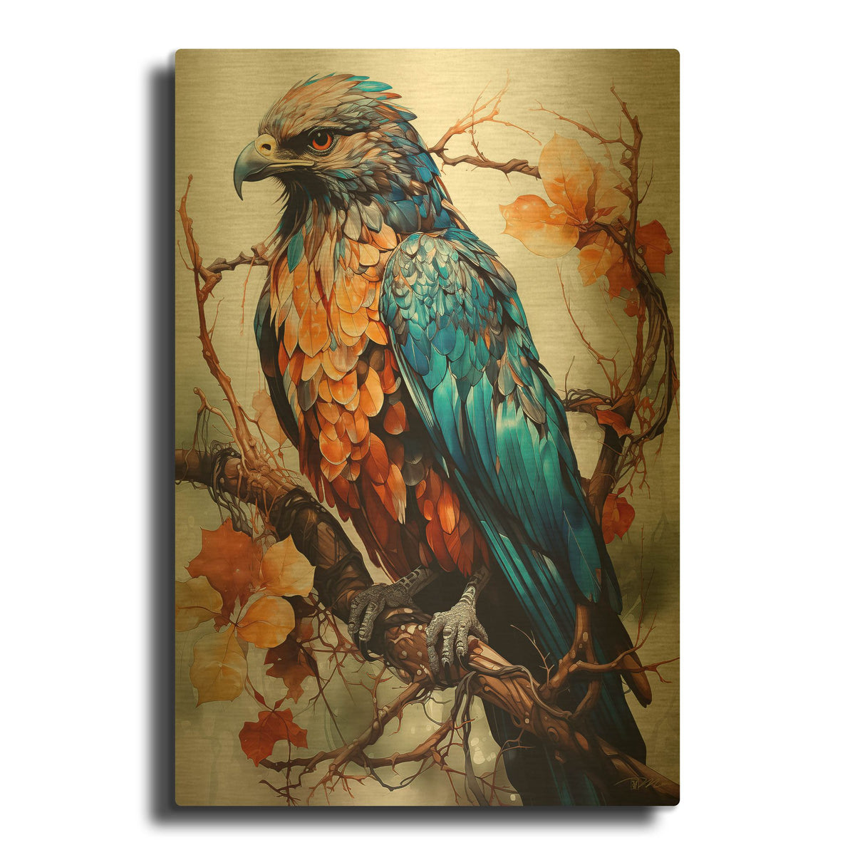 'Blue Hawk' By Momart Gold Metal Wall Art