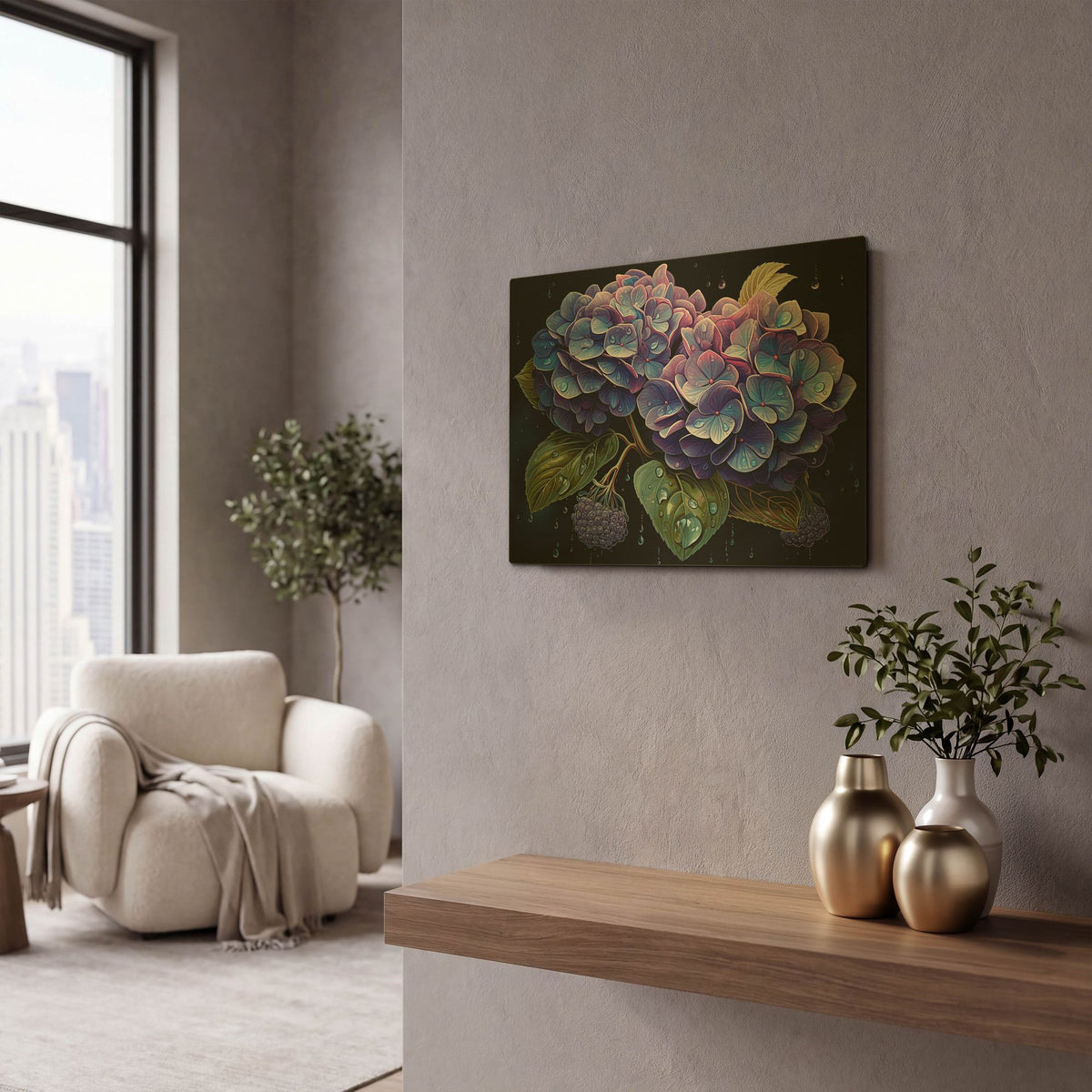'Blue Hydrangea' By Momart Gold Metal Wall Art