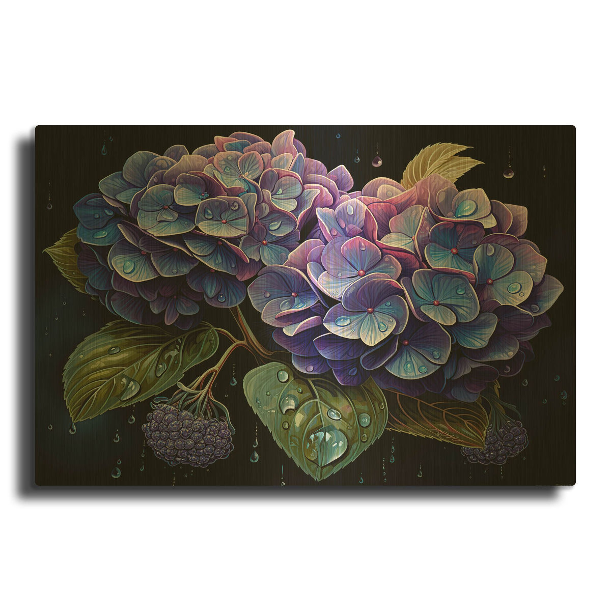 'Blue Hydrangea' By Momart Gold Metal Wall Art