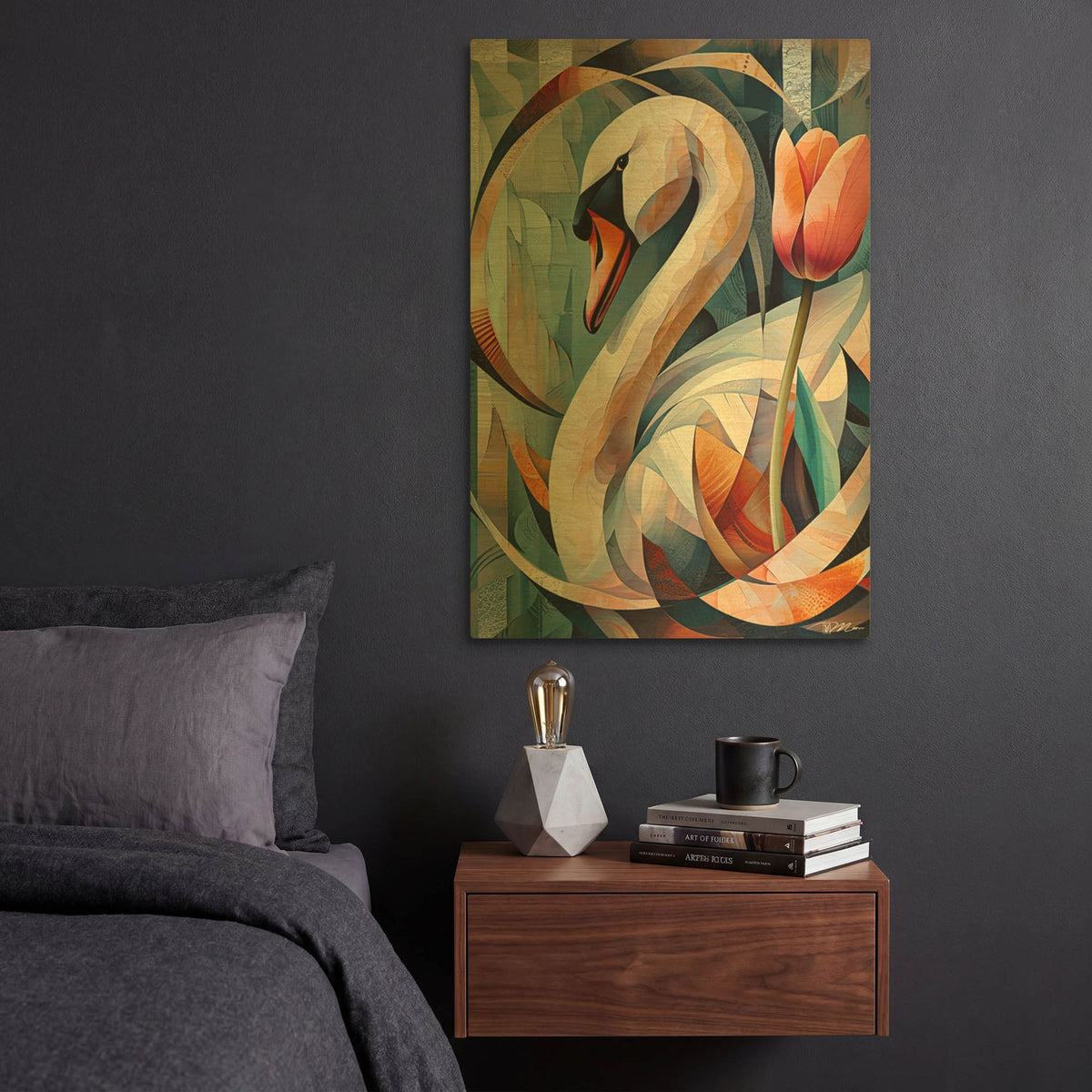 'Blue Swan And Tulip' By Momart Gold Metal Wall Art