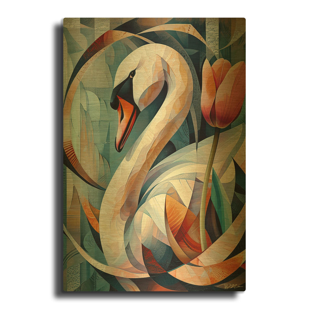 'Blue Swan And Tulip' By Momart Gold Metal Wall Art