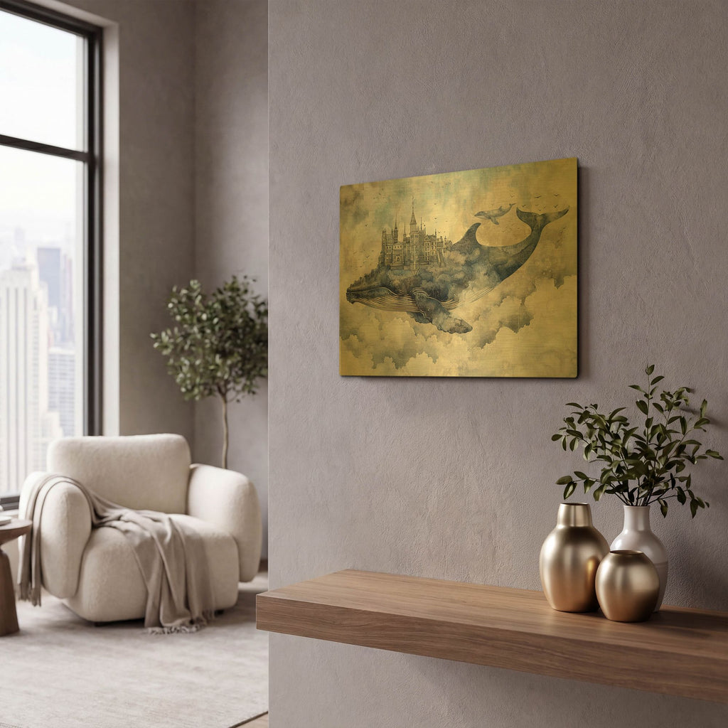 'Blue Whale And City' By Momart Gold Metal Wall Art