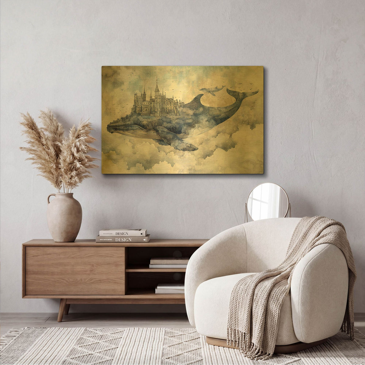 'Blue Whale And City' By Momart Gold Metal Wall Art