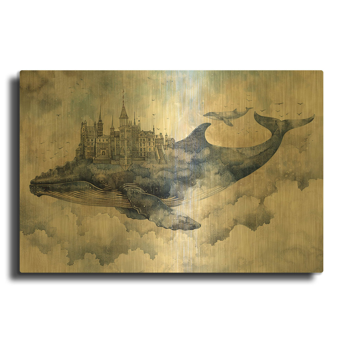 'Blue Whale And City' By Momart Gold Metal Wall Art