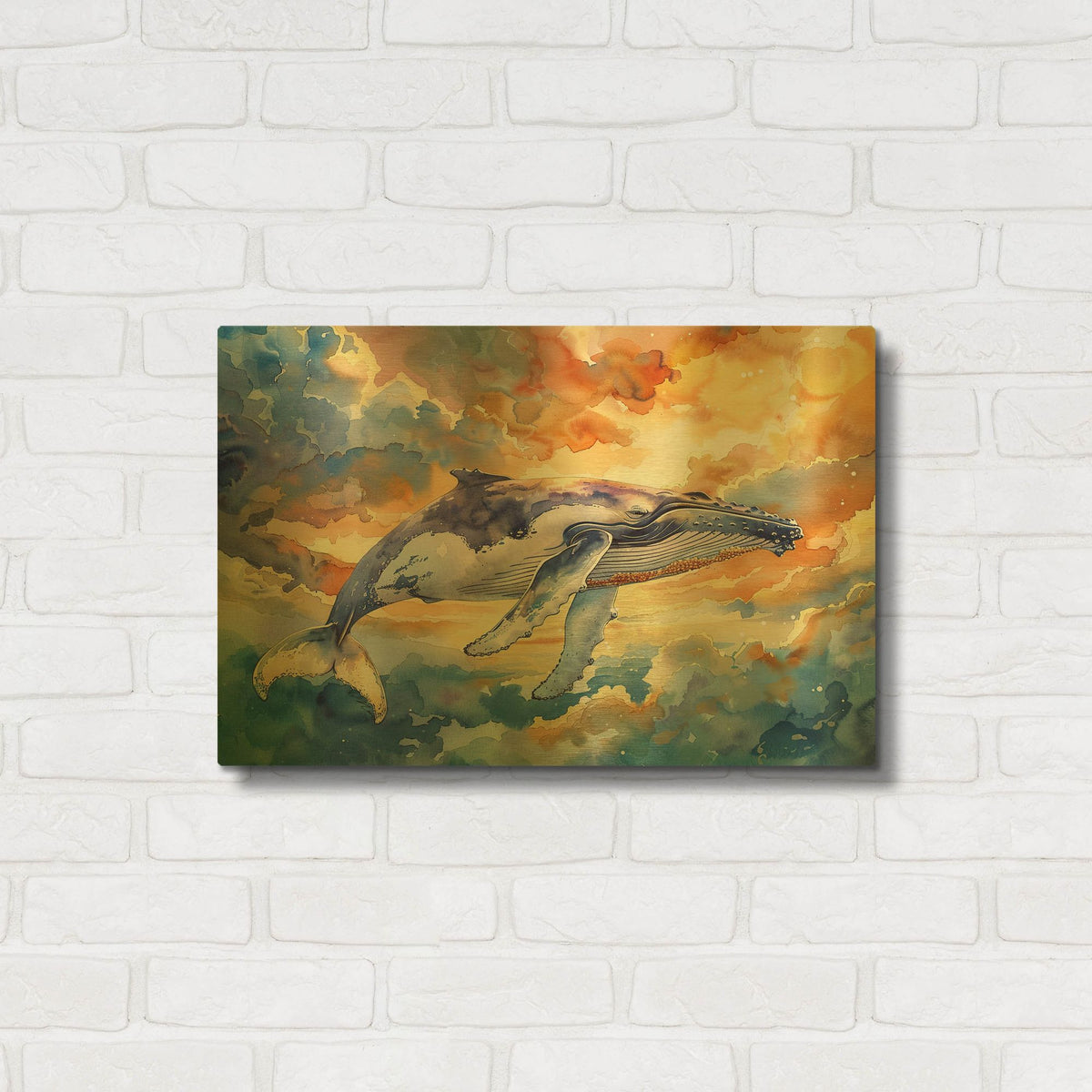 'Blue Whale In The Clouds' By Momart Gold Metal Wall Art