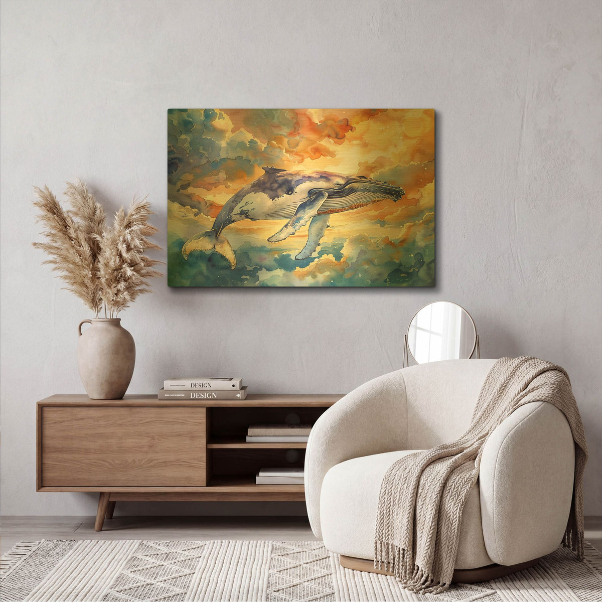 'Blue Whale In The Clouds' By Momart Gold Metal Wall Art