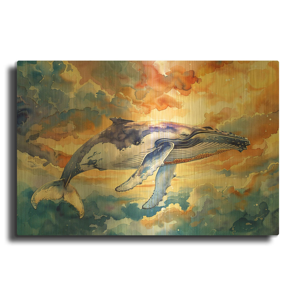 'Blue Whale In The Clouds' By Momart Gold Metal Wall Art