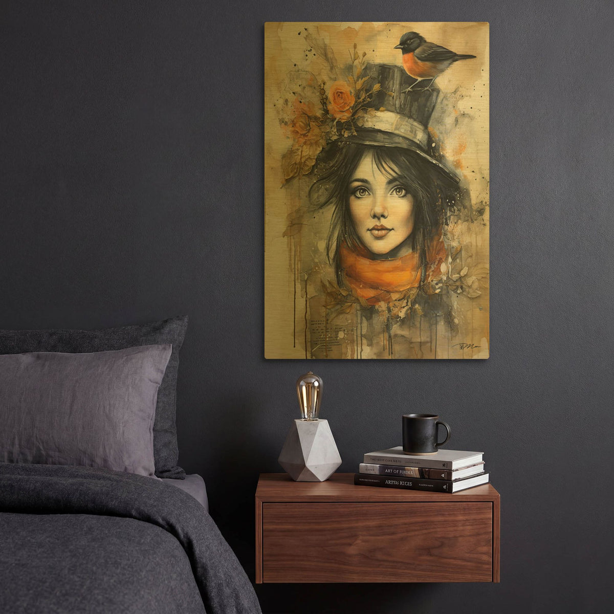 'Brunette With The Cylinder' By Momart Gold Metal Wall Art