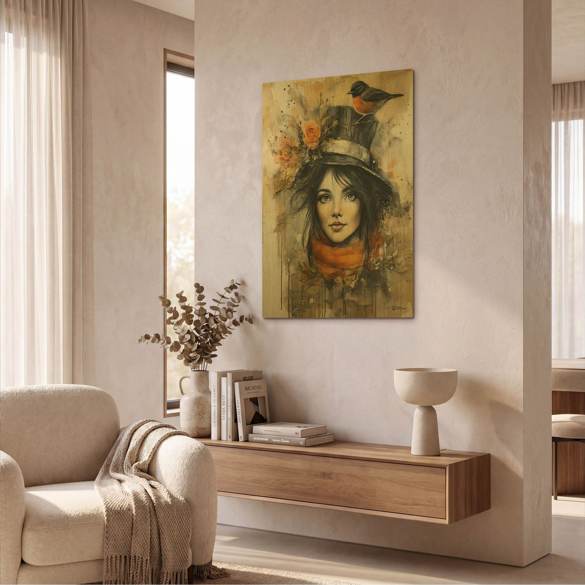 'Brunette With The Cylinder' By Momart Gold Metal Wall Art
