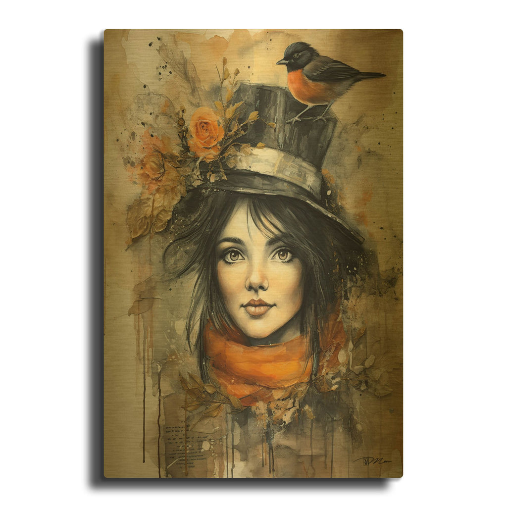 'Brunette With The Cylinder' By Momart Gold Metal Wall Art