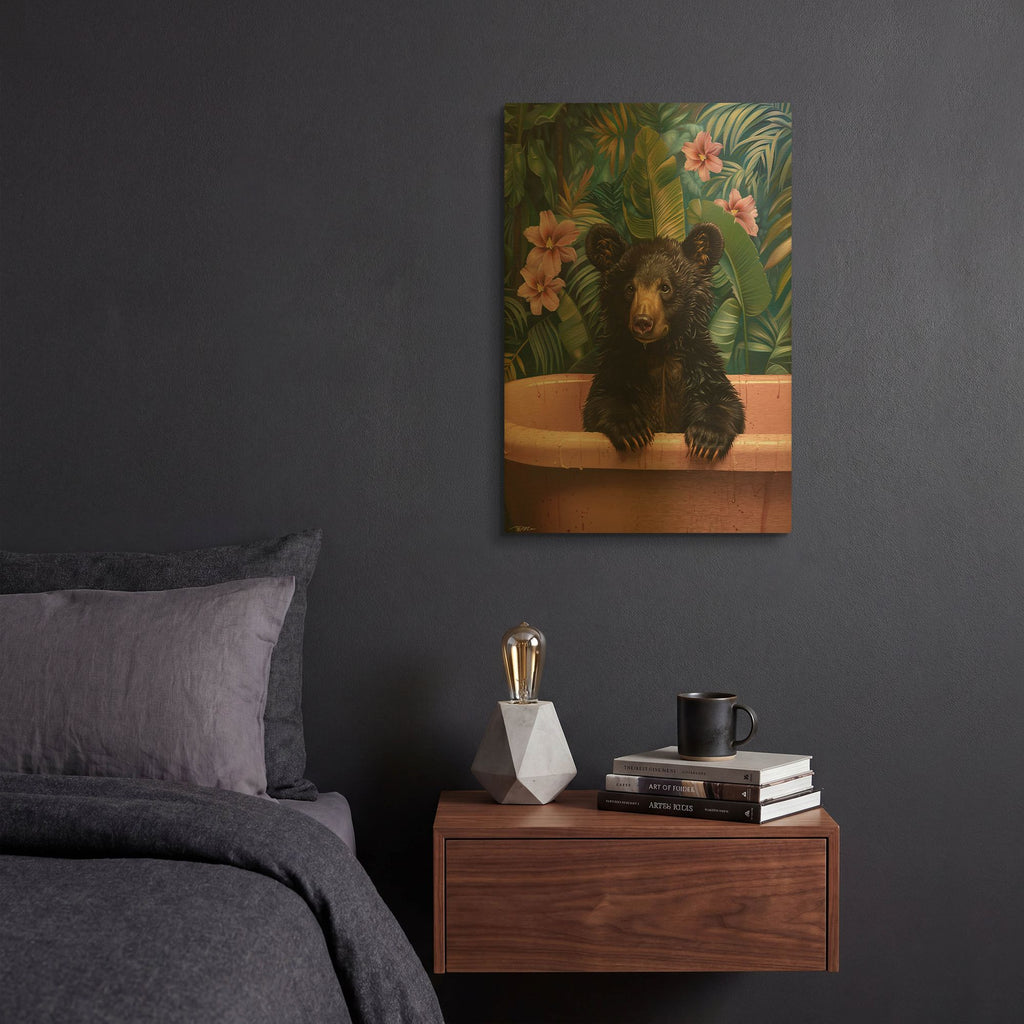 'Bruno Bear In Pink Bathtub' By Momart Gold Metal Wall Art