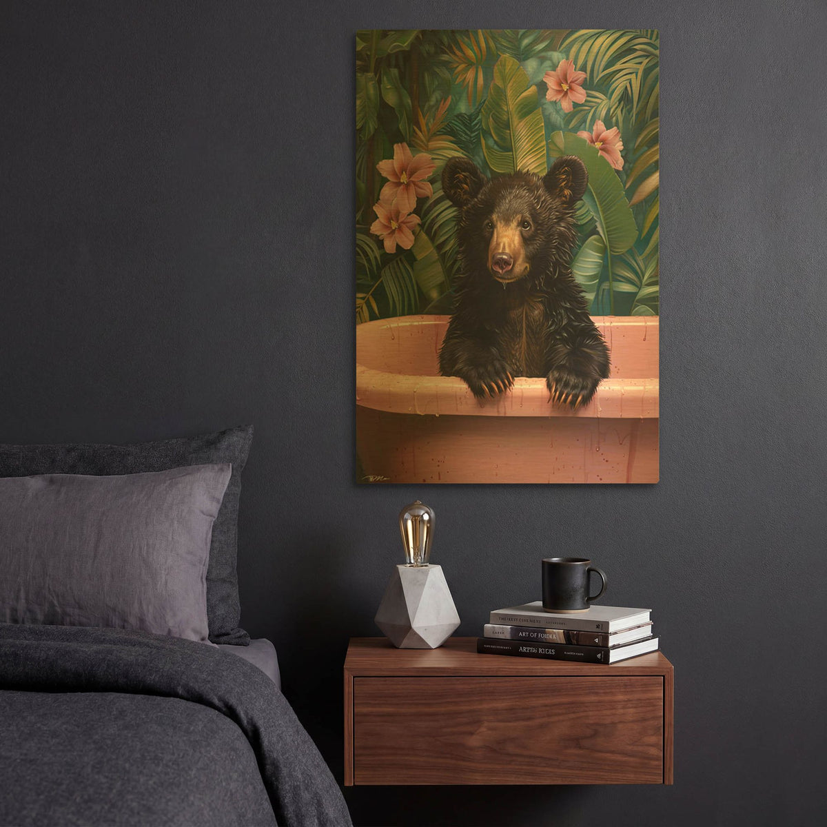 'Bruno Bear In Pink Bathtub' By Momart Gold Metal Wall Art