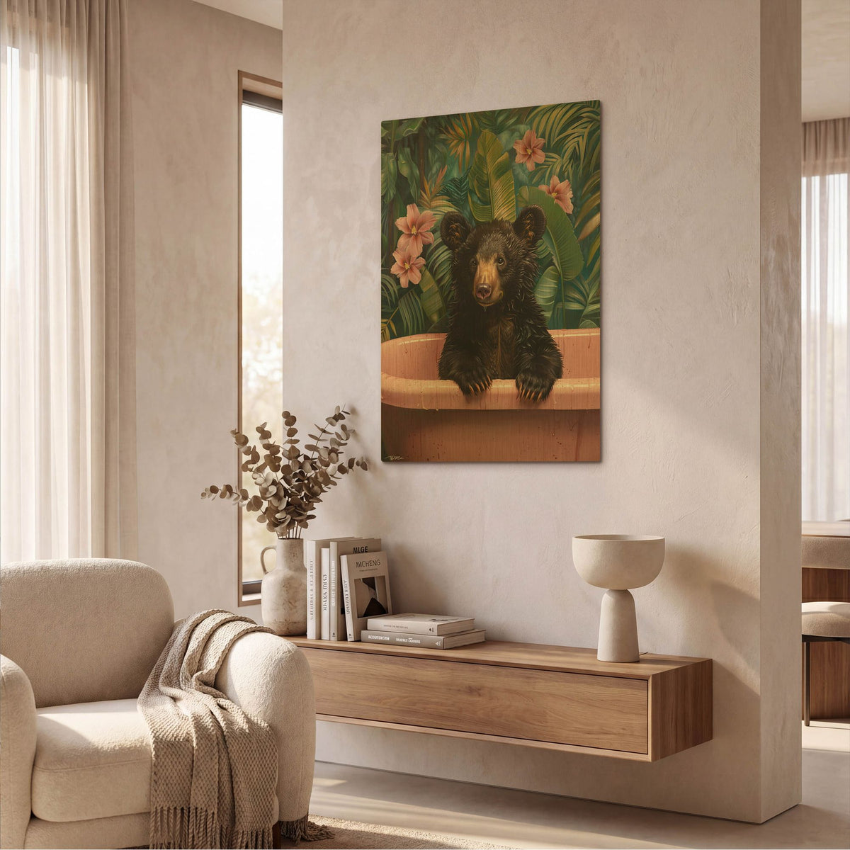 'Bruno Bear In Pink Bathtub' By Momart Gold Metal Wall Art
