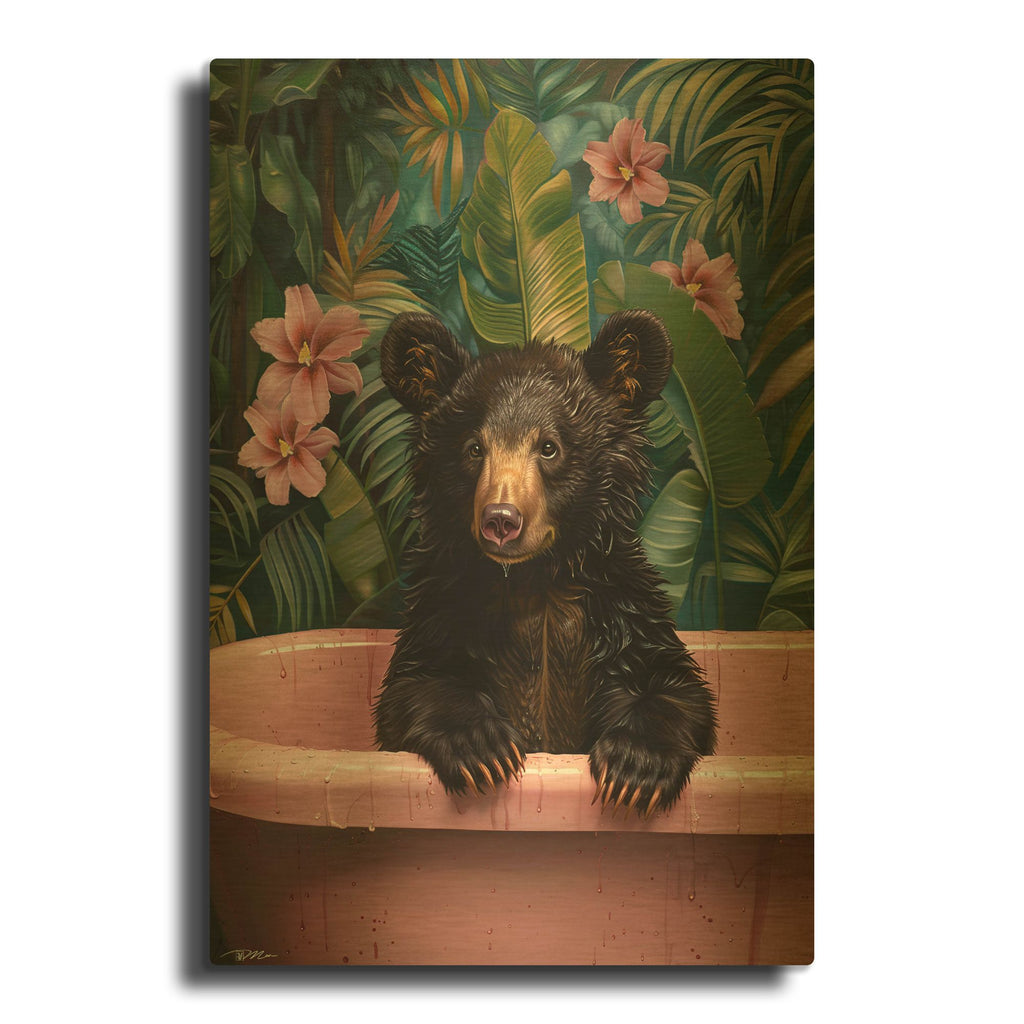 'Bruno Bear In Pink Bathtub' By Momart Gold Metal Wall Art