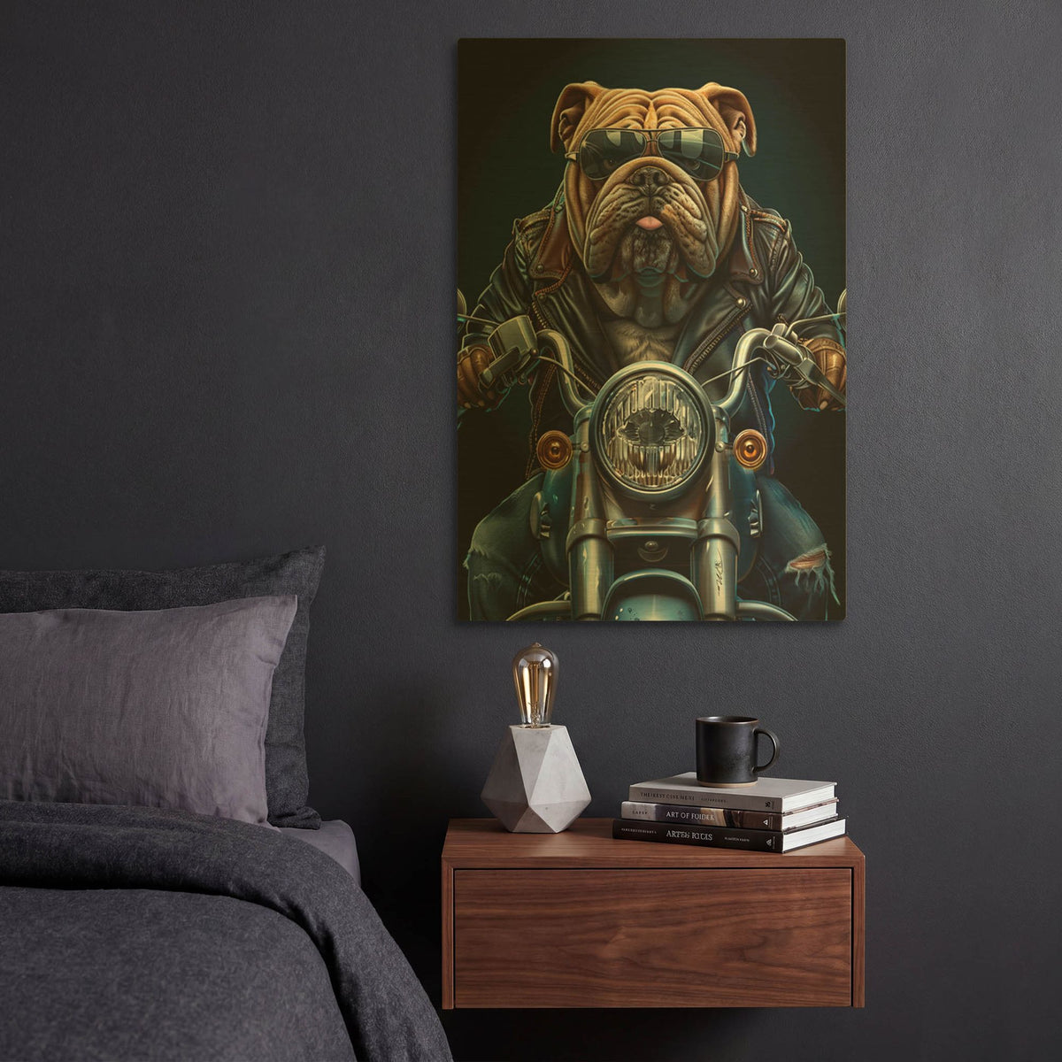 'Bulldog On The Bike' By Momart Gold Metal Wall Art