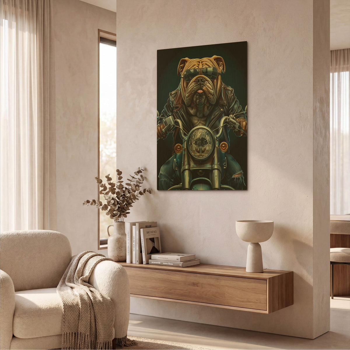 'Bulldog On The Bike' By Momart Gold Metal Wall Art