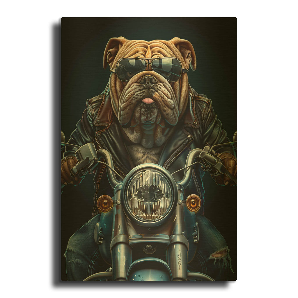 'Bulldog On The Bike' By Momart Gold Metal Wall Art
