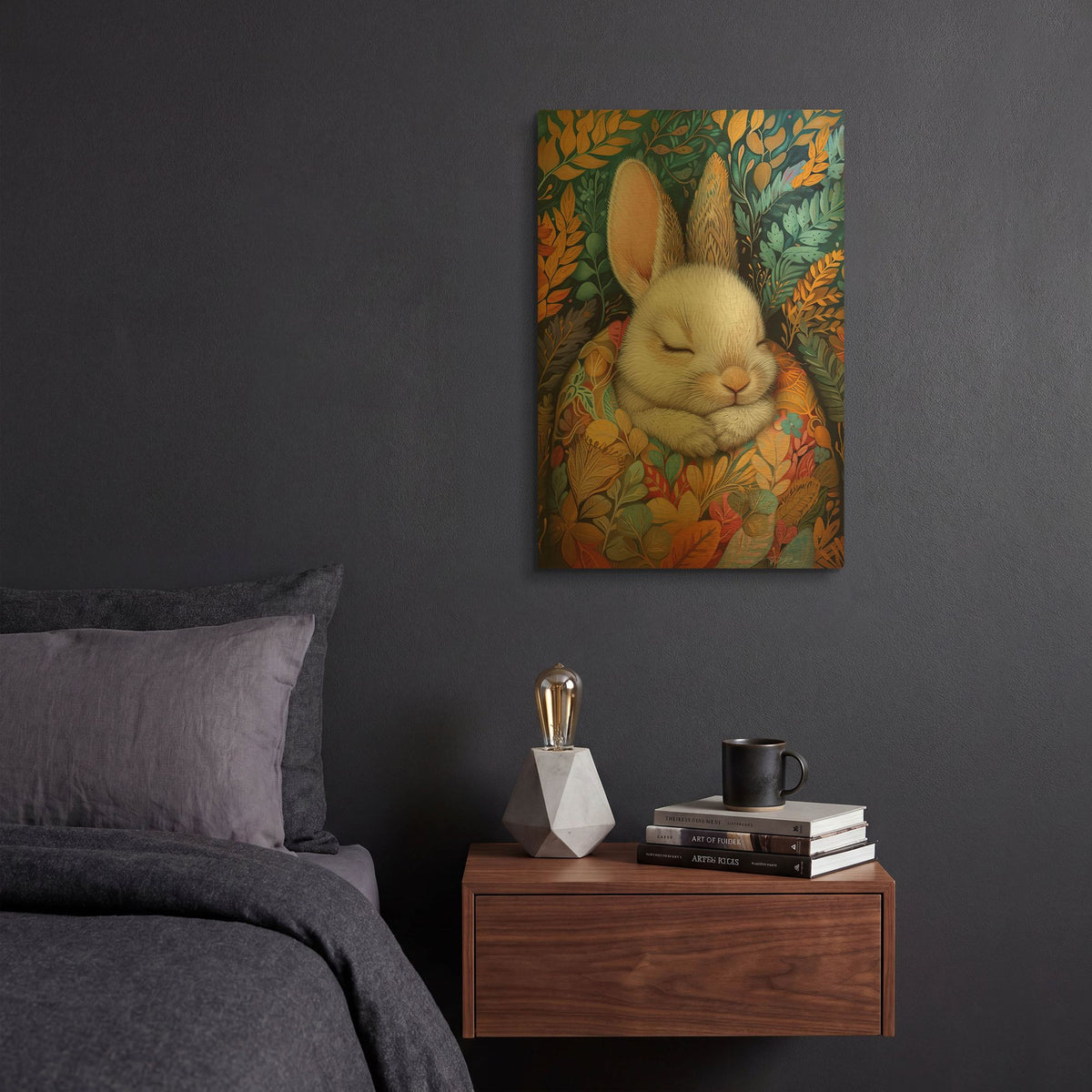 'Bunny Sleeping Between Colored Blankets 1' By Momart Gold Metal Wall Art