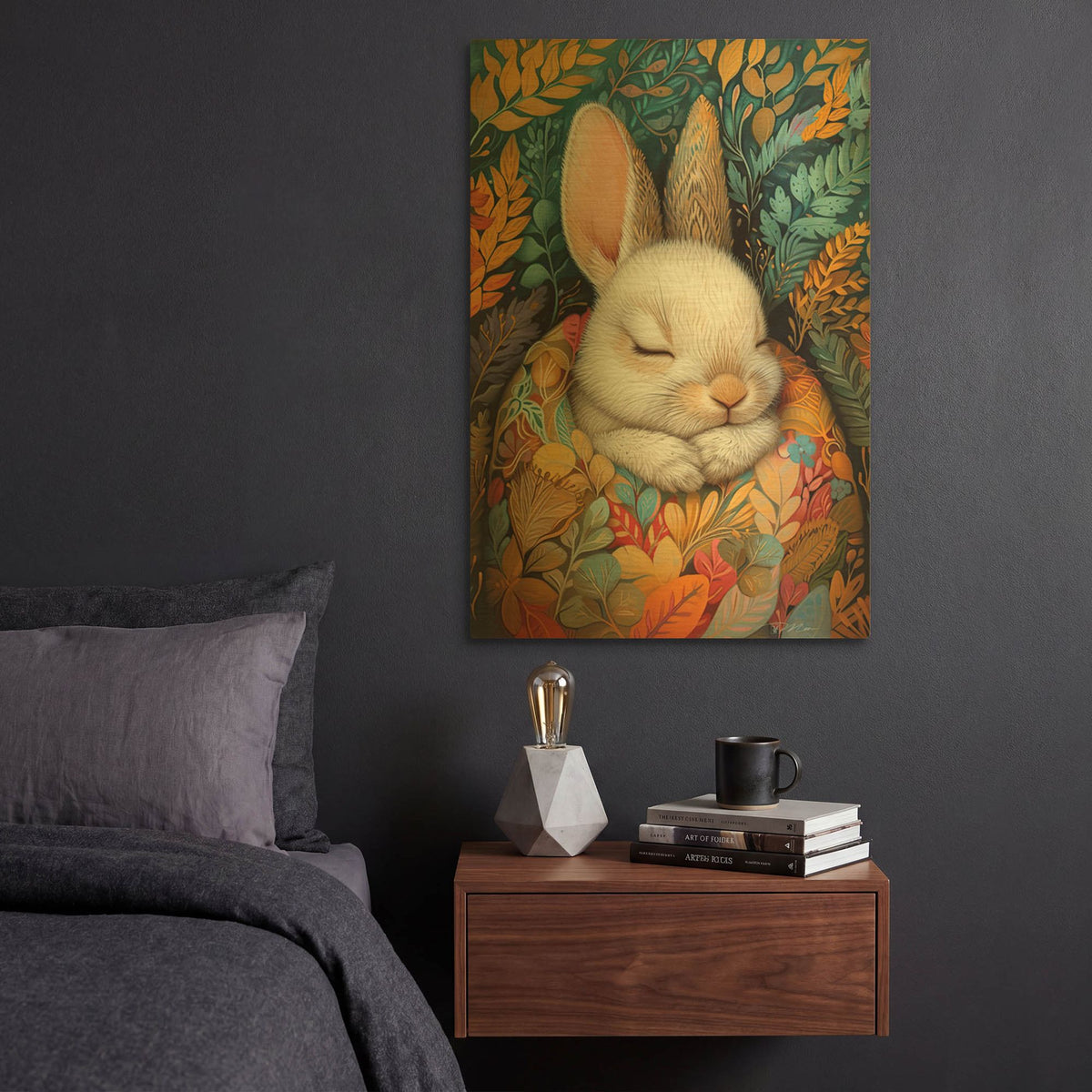 'Bunny Sleeping Between Colored Blankets 1' By Momart Gold Metal Wall Art