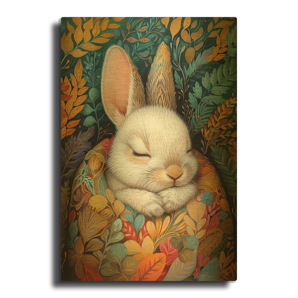 'Bunny Sleeping Between Colored Blankets 1' By Momart Gold Metal Wall Art
